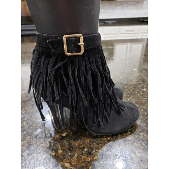 Forever Fringe Booties Women's 7.5 Black Suede Round Toe Stiletto Heel Side Zip - Picture 13 of 15